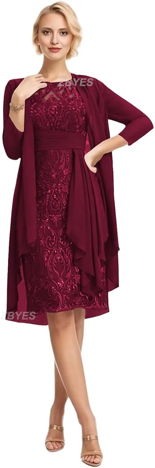 2 Pieces Mother of The Bride Dresses with Jacket Lace Chiffon Formal Wedding Guest Dress
