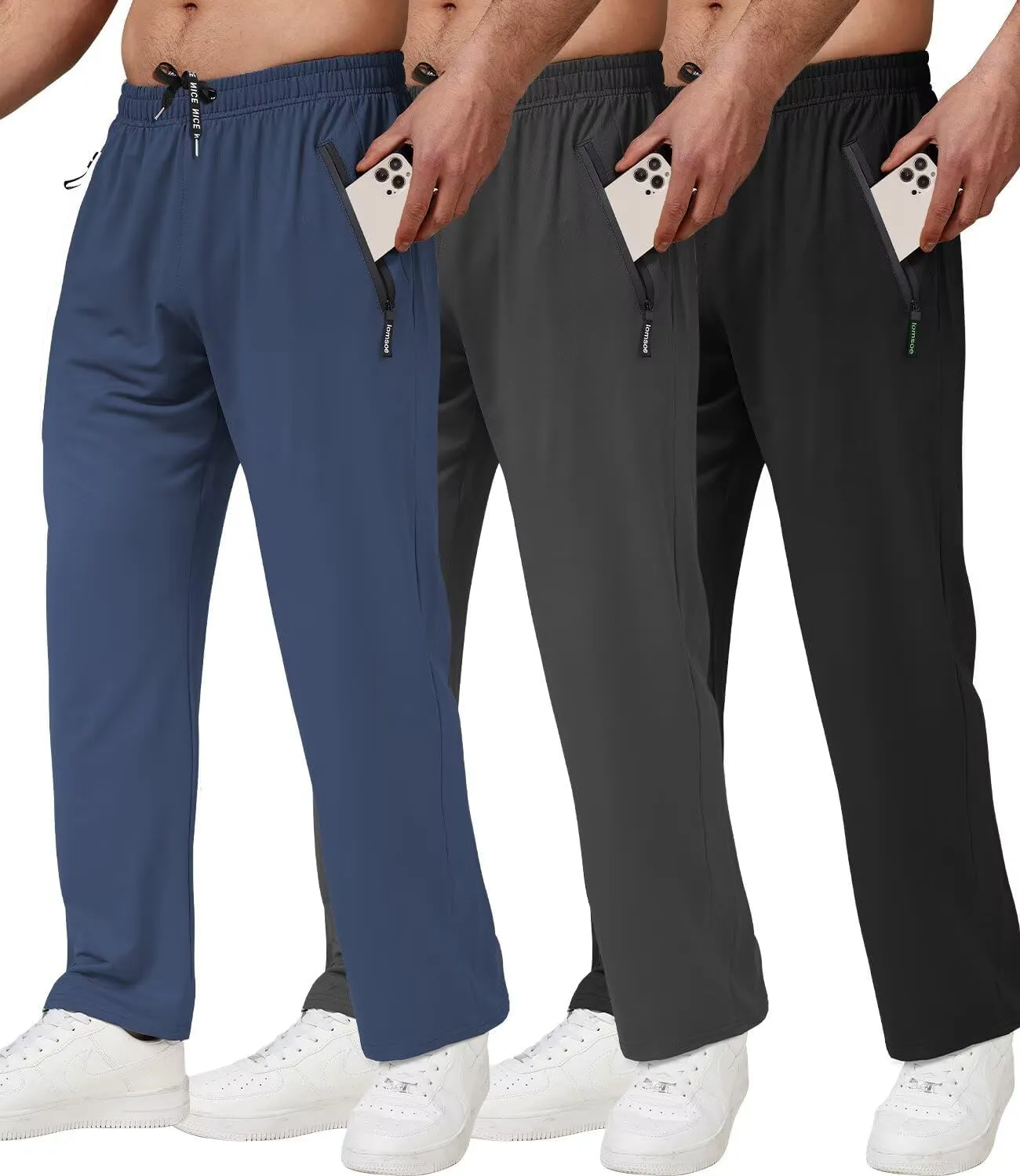 3 Pack Men's Athletic Pants with Zip Pockets, Lightweight, Quick Dry, Workout Sweat Pants
