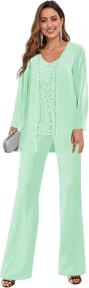 3 Piece Chiffon Mother of The Bride Pant Suits for Women Dressy Beaded Elegant Formal Wedding Pantsuits