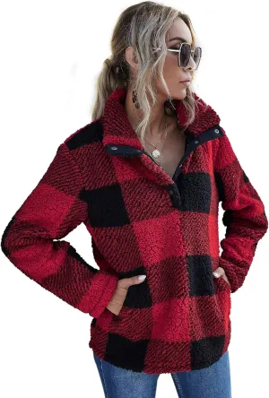 AKEWEI Women Faux Fleece Sweatshirt Fuzzy Button Pullover Coat with Pocket