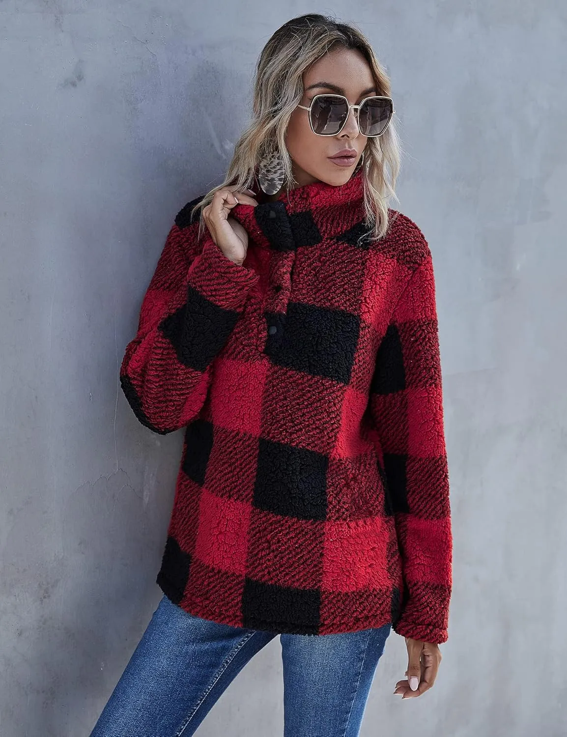 AKEWEI Women Faux Fleece Sweatshirt Fuzzy Button Pullover Coat with Pocket