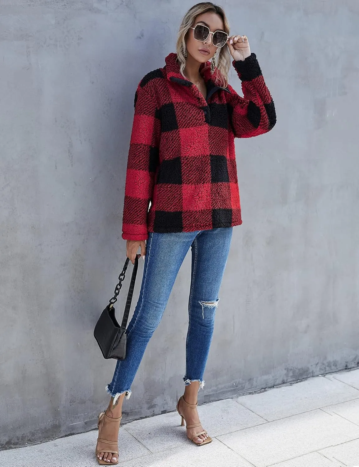 AKEWEI Women Faux Fleece Sweatshirt Fuzzy Button Pullover Coat with Pocket