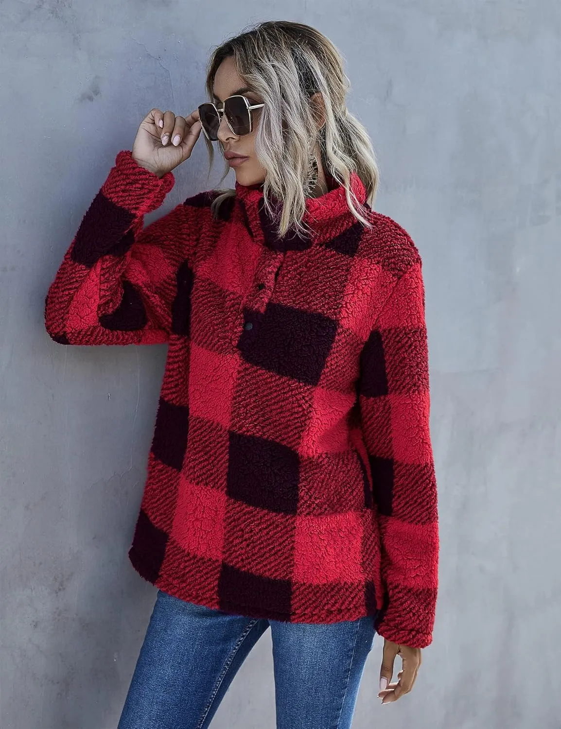 AKEWEI Women Faux Fleece Sweatshirt Fuzzy Button Pullover Coat with Pocket