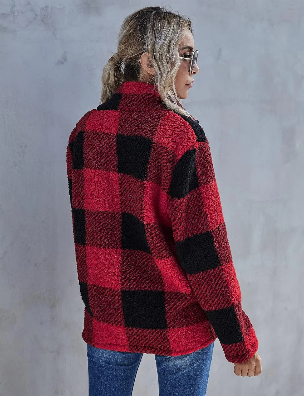 AKEWEI Women Faux Fleece Sweatshirt Fuzzy Button Pullover Coat with Pocket