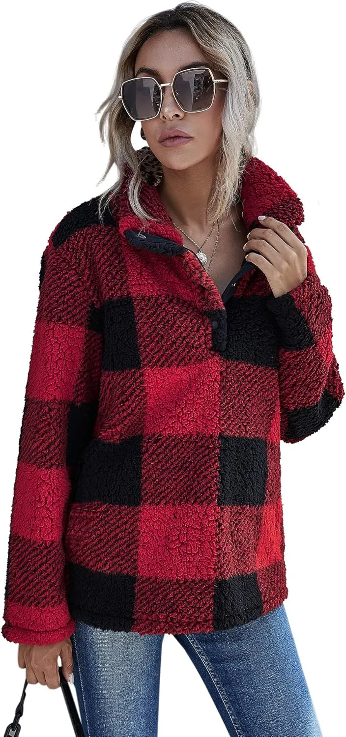 AKEWEI Women Faux Fleece Sweatshirt Fuzzy Button Pullover Coat with Pocket