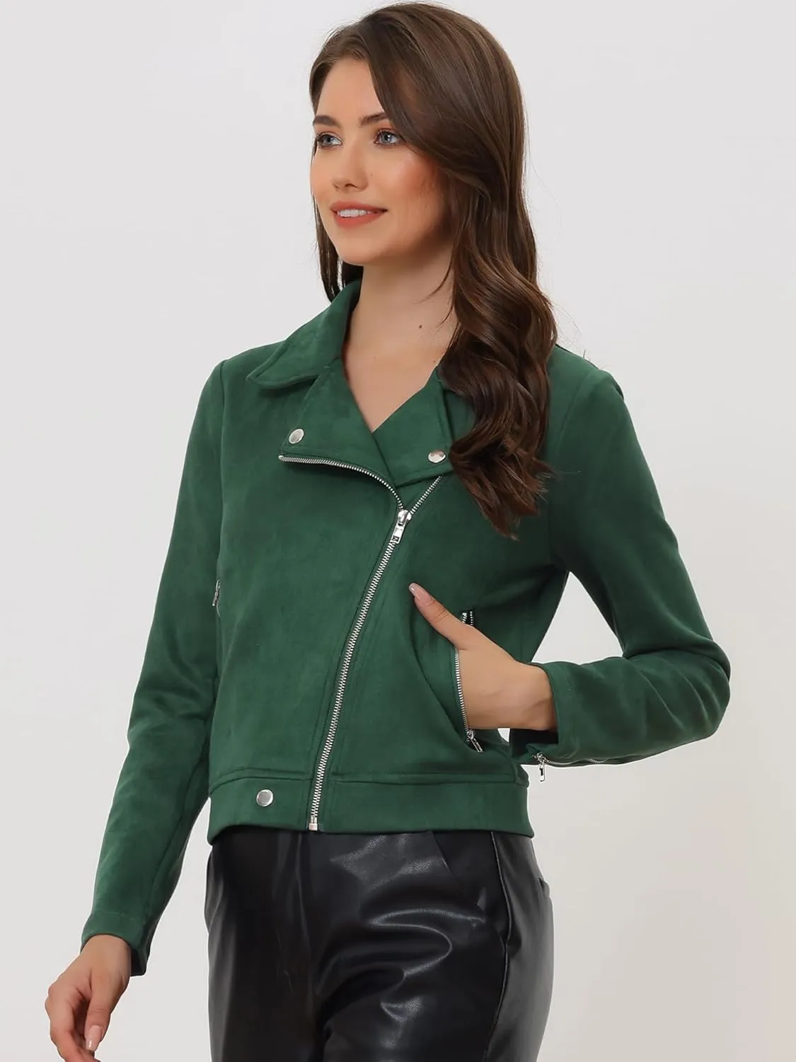 Allegra K Women's Short Soft Zip Up Faux Suede Biker Moto Jacket