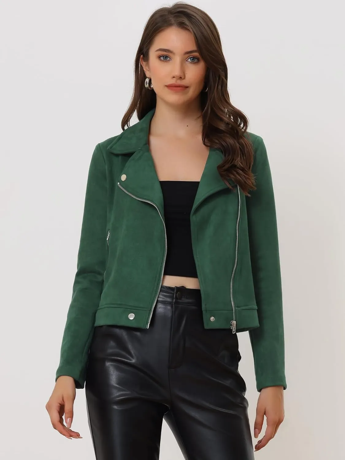 Allegra K Women's Short Soft Zip Up Faux Suede Biker Moto Jacket