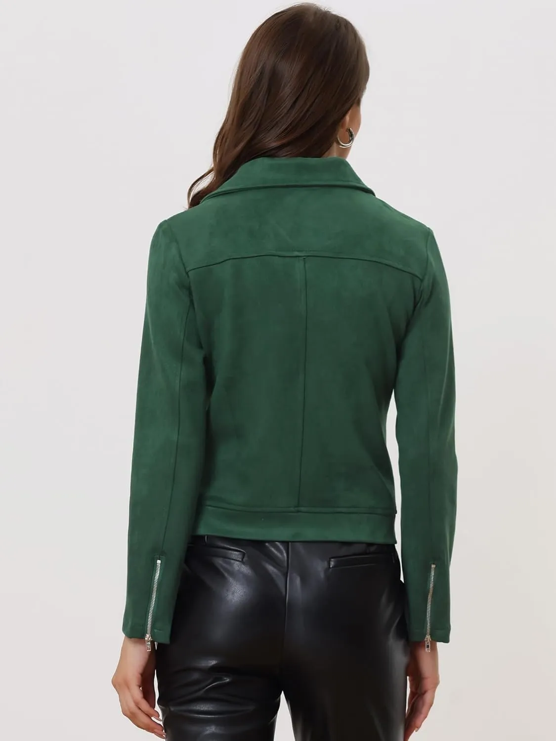 Allegra K Women's Short Soft Zip Up Faux Suede Biker Moto Jacket