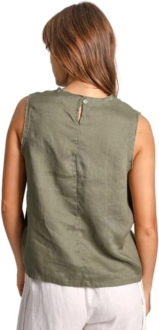 Amazhiyu Womens 100% Linen Summer Scoop Neck Tank Tops Sleeveless Raw Edge Blouse