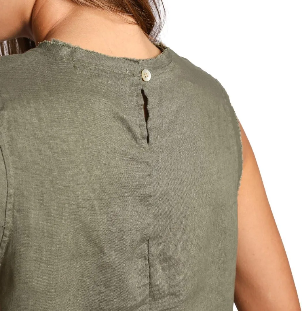 Amazhiyu Womens 100% Linen Summer Scoop Neck Tank Tops Sleeveless Raw Edge Blouse