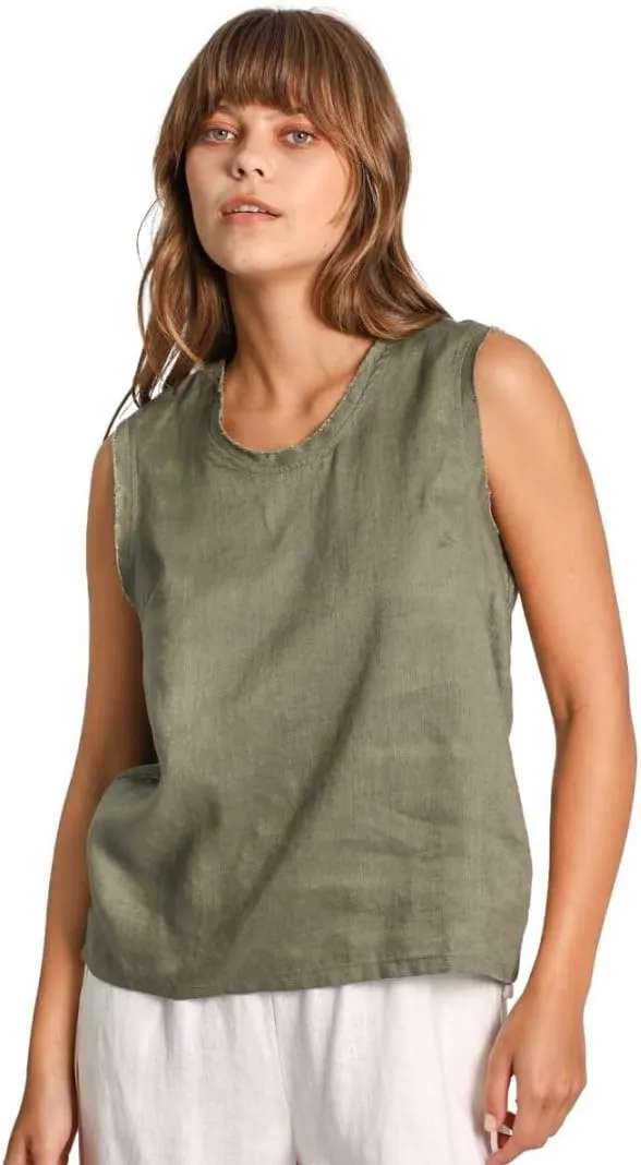 Amazhiyu Womens 100% Linen Summer Scoop Neck Tank Tops Sleeveless Raw Edge Blouse