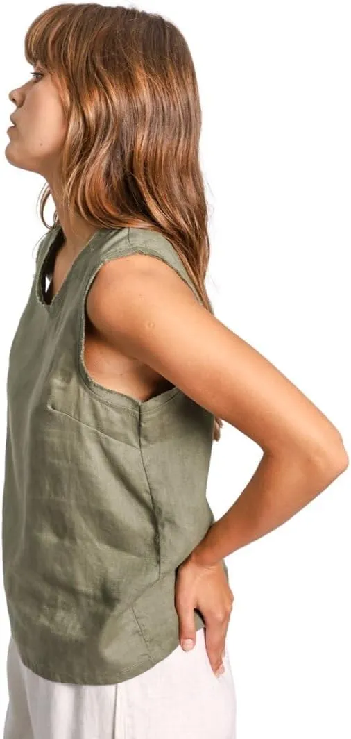 Amazhiyu Womens 100% Linen Summer Scoop Neck Tank Tops Sleeveless Raw Edge Blouse