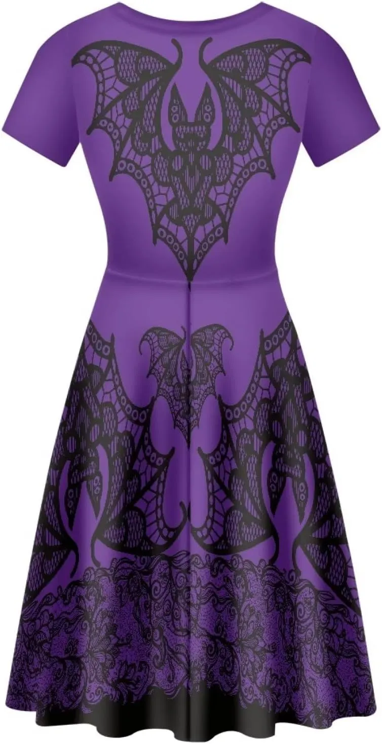Amzprint Purple Tunic Bodycon Midi Swing Halloween Party Dress for Women Plus Size High Waist Short Sleeve Pleated Dress