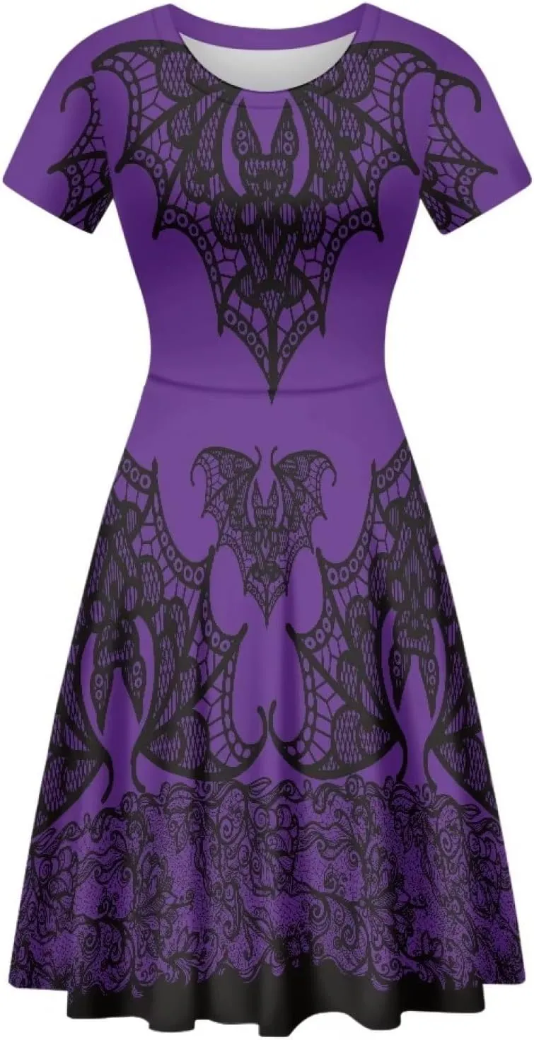 Amzprint Purple Tunic Bodycon Midi Swing Halloween Party Dress for Women Plus Size High Waist Short Sleeve Pleated Dress