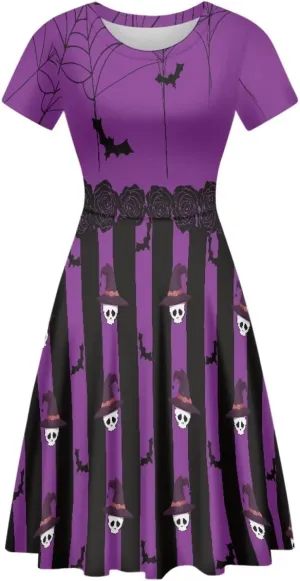 Amzprint Purple Tunic Bodycon Midi Swing Halloween Party Dress for Women Plus Size High Waist Short Sleeve Pleated Dress