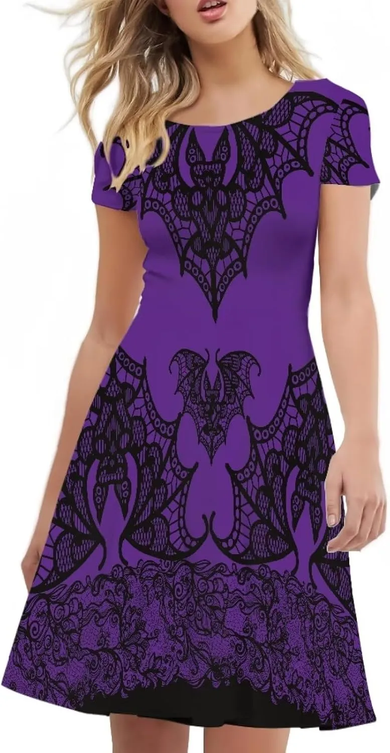 Amzprint Purple Tunic Bodycon Midi Swing Halloween Party Dress for Women Plus Size High Waist Short Sleeve Pleated Dress