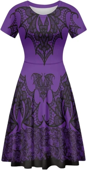 Amzprint Purple Tunic Bodycon Midi Swing Halloween Party Dress for Women Plus Size High Waist Short Sleeve Pleated Dress