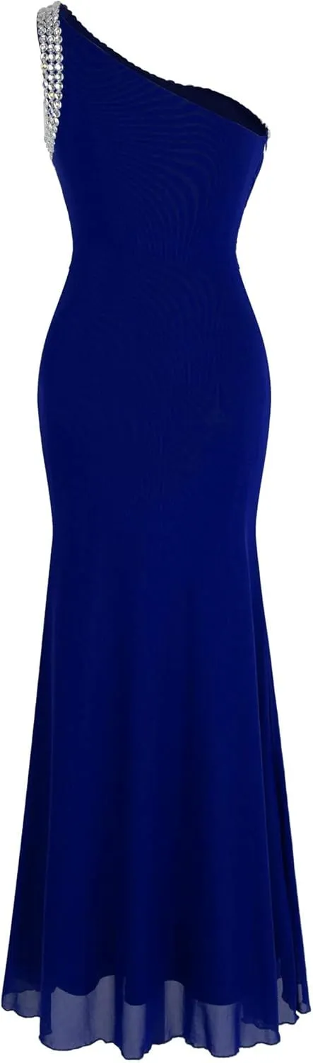 Angel-fashions Women's One Shoulder Ruching Beading Ribbon Soft Evening Gown