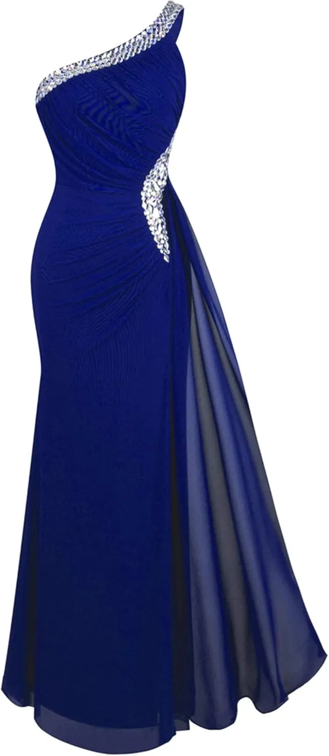 Angel-fashions Women's One Shoulder Ruching Beading Ribbon Soft Evening Gown