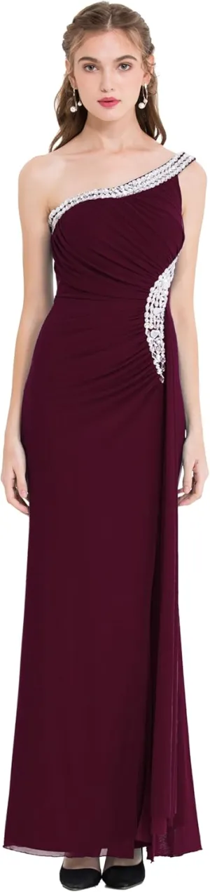 Angel-fashions Women's One Shoulder Ruching Beading Ribbon Soft Evening Gown