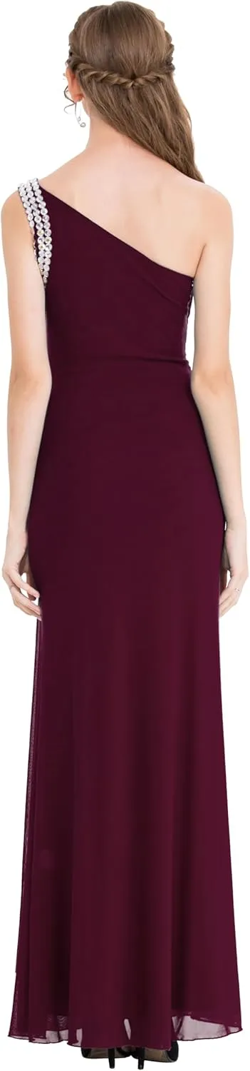 Angel-fashions Women's One Shoulder Ruching Beading Ribbon Soft Evening Gown