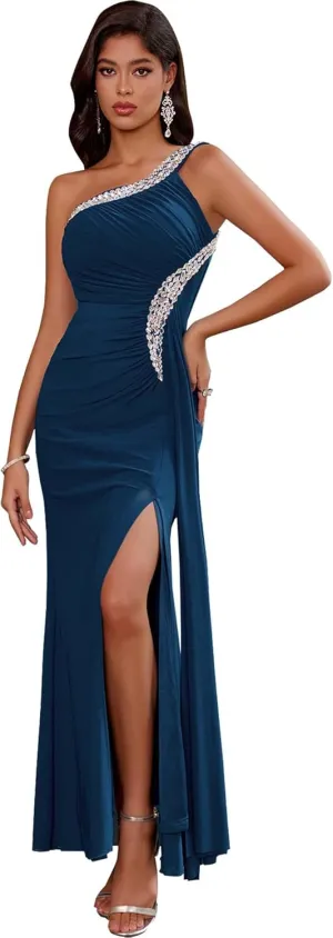 Angel-fashions Women's One Shoulder Ruching Beading Ribbon Soft Evening Gown