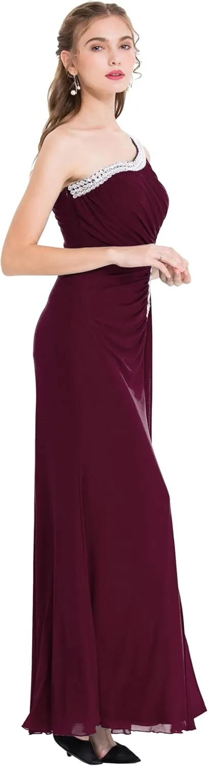 Angel-fashions Women's One Shoulder Ruching Beading Ribbon Soft Evening Gown