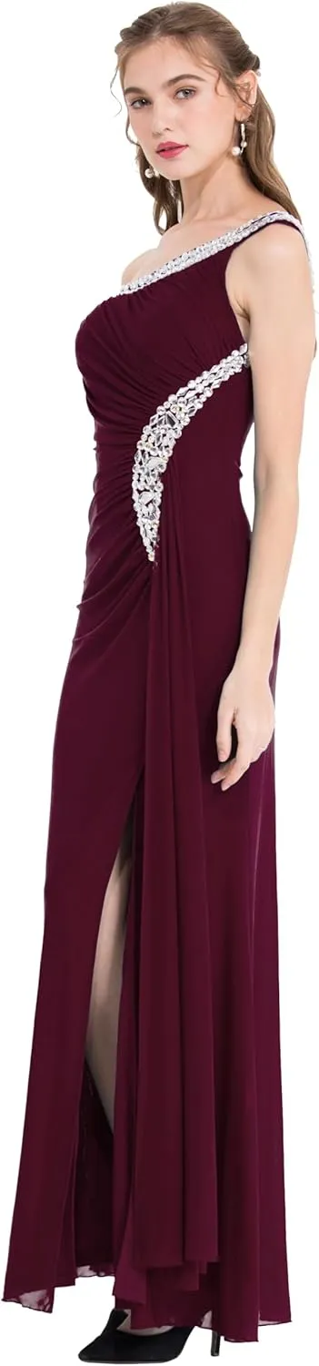 Angel-fashions Women's One Shoulder Ruching Beading Ribbon Soft Evening Gown