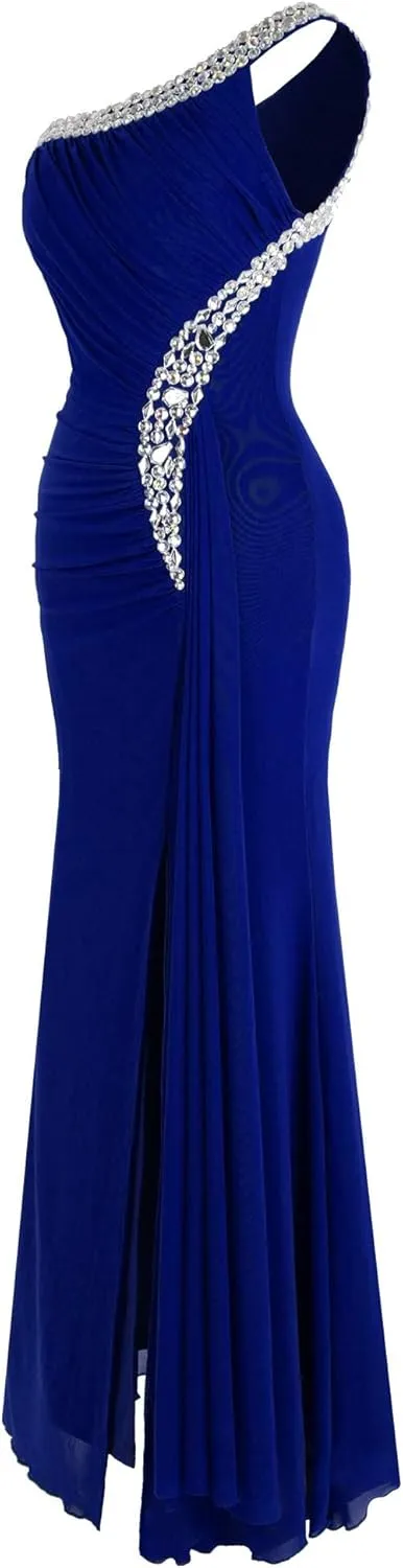 Angel-fashions Women's One Shoulder Ruching Beading Ribbon Soft Evening Gown