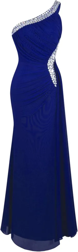 Angel-fashions Women's One Shoulder Ruching Beading Ribbon Soft Evening Gown