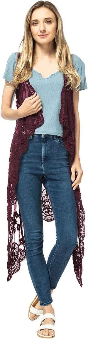 Anna-Kaci Vintage Floral Bohemian Sleeveless Mesh Lace Crochet Embroidery Beach Top Cardigan Vest,