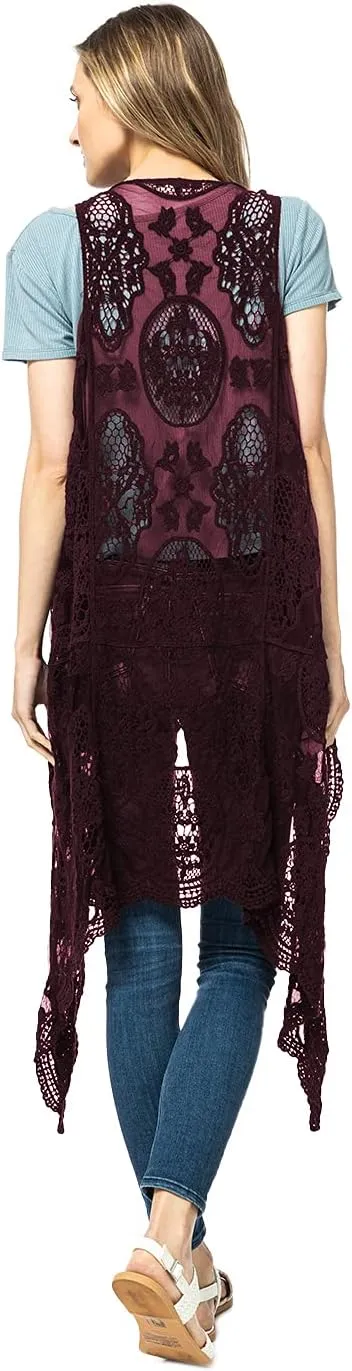 Anna-Kaci Vintage Floral Bohemian Sleeveless Mesh Lace Crochet Embroidery Beach Top Cardigan Vest,
