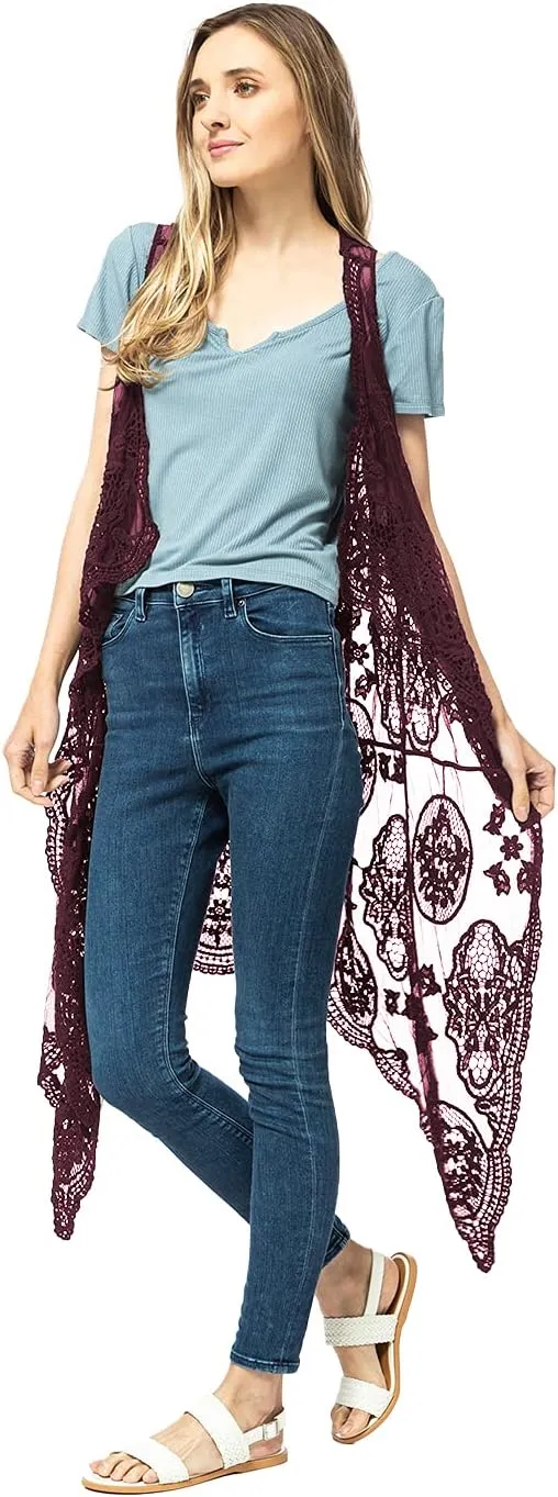Anna-Kaci Vintage Floral Bohemian Sleeveless Mesh Lace Crochet Embroidery Beach Top Cardigan Vest,