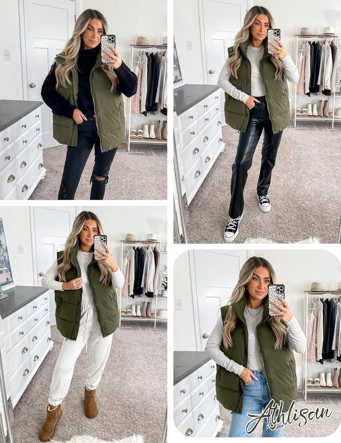 Athlisan Womens Zip Up Puffer Vest Stand Collar Sleeveless Padded Jacket Coat