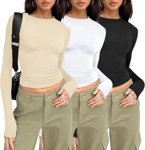 AUTOMET Womens Long Sleeve Shirt Basic Crop Tops Fall Fashion Underscrubs Layer Slim Fit Winter Clothes
