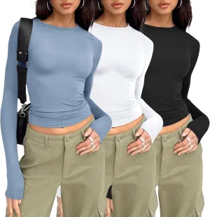 AUTOMET Womens Long Sleeve Shirt Basic Crop Tops Fall Fashion Underscrubs Layer Slim Fit Winter Clothes