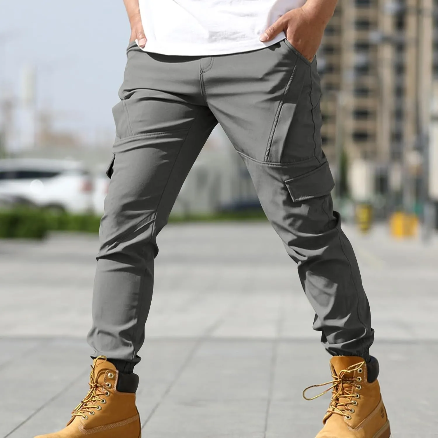 Aymnlox Mens Casual Cargo Pants Baggy Solid Slim Fit Joggers Sweatpants Outdoor Hiking Athletic Gym Trouser with Multi Pocket