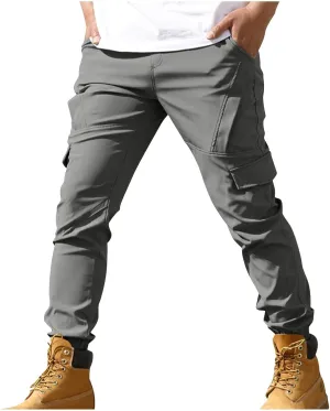 Aymnlox Mens Casual Cargo Pants Baggy Solid Slim Fit Joggers Sweatpants Outdoor Hiking Athletic Gym Trouser with Multi Pocket