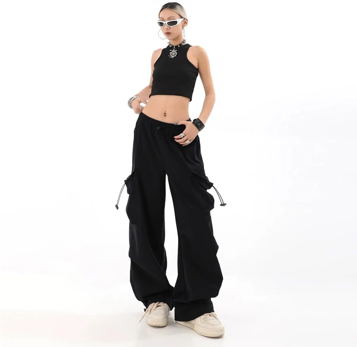 Baggy Parachute Pants for Womens Wide Leg Cargo Pants Y2k with Pockets Boyfriend Harajuku Streetwear Goth