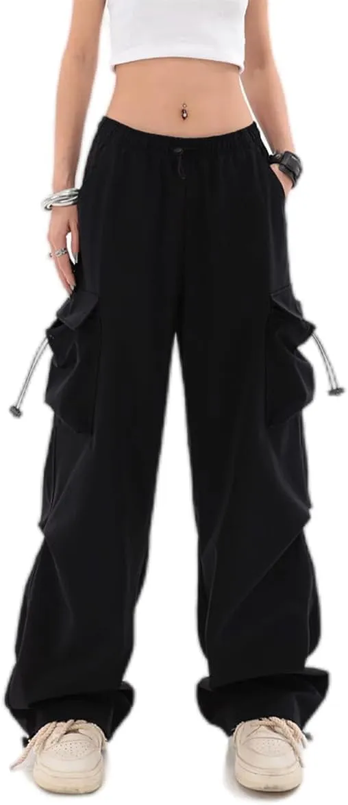 Baggy Parachute Pants for Womens Wide Leg Cargo Pants Y2k with Pockets Boyfriend Harajuku Streetwear Goth