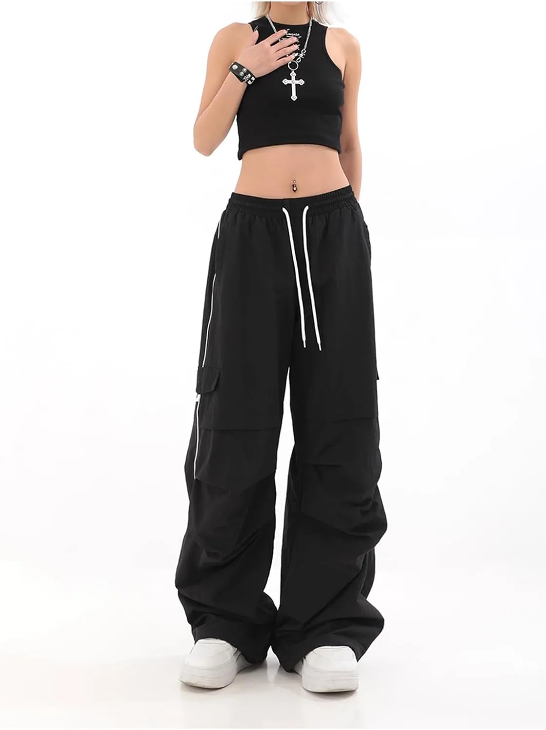 Baggy Parachute Pants for Womens Wide Leg Cargo Pants Y2k with Pockets Boyfriend Harajuku Streetwear Goth