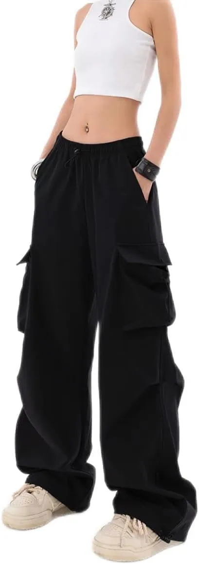 Baggy Parachute Pants for Womens Wide Leg Cargo Pants Y2k with Pockets Boyfriend Harajuku Streetwear Goth