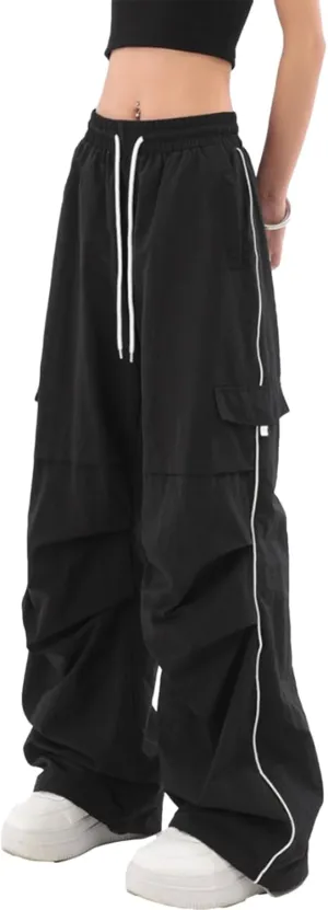 Baggy Parachute Pants for Womens Wide Leg Cargo Pants Y2k with Pockets Boyfriend Harajuku Streetwear Goth