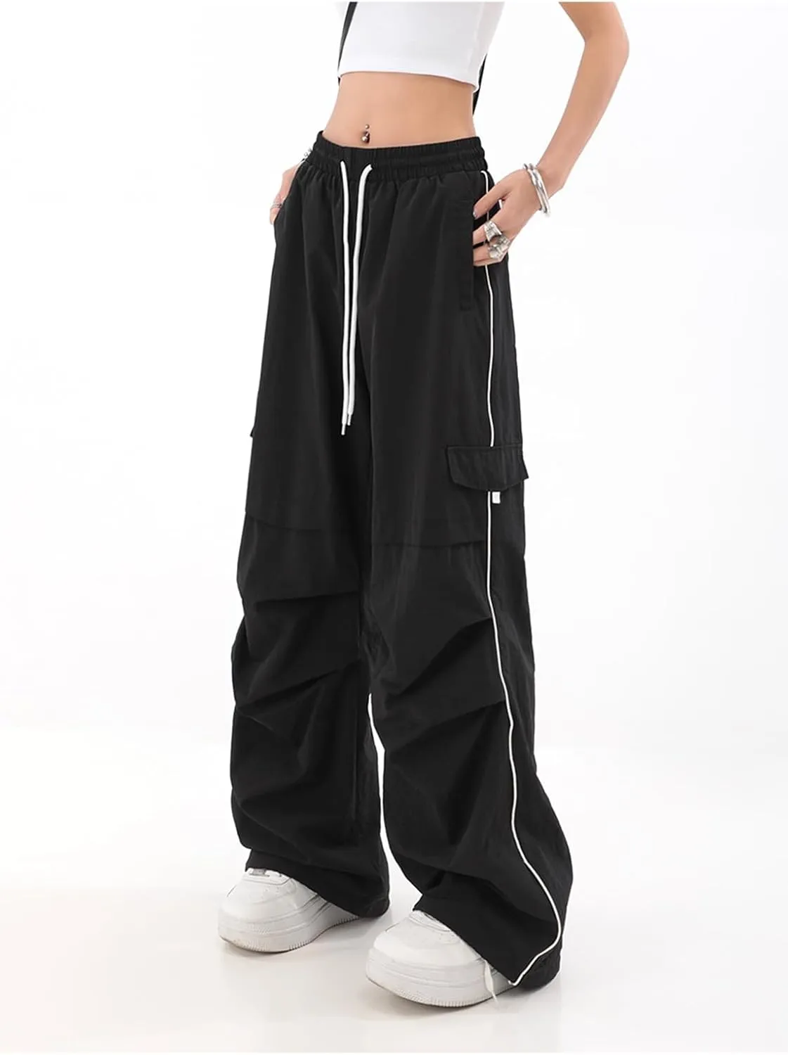 Baggy Parachute Pants for Womens Wide Leg Cargo Pants Y2k with Pockets Boyfriend Harajuku Streetwear Goth