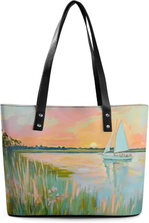 Blue Heron Women Soft Leather Handbags Tote Purses Shoulder Bucket Bags