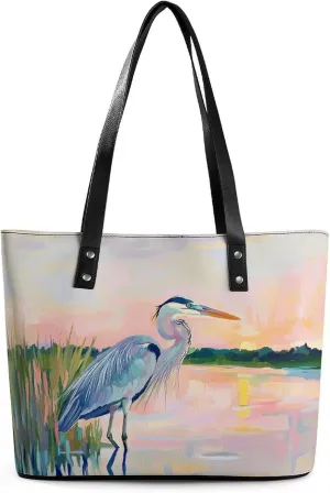 Blue Heron Women Soft Leather Handbags Tote Purses Shoulder Bucket Bags