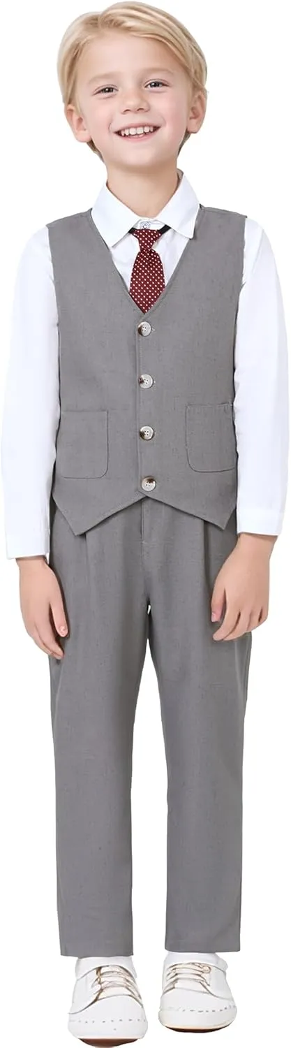 Boys Suit for Formal Occasions 4 Pieces Suit Sets Including Vest Printed Pants Dress Shirt and Tie for 6-10 Years
