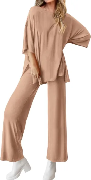 BTFBM Women 2 Piece Outfits Casual Loose Slit Short Sleeve Top Wide Leg Pants Matching Lounge Sets Tracksuit With Pocket
