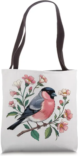 Bullfinch Bird on Floral Branch Vintage Nature Art Tote Bag