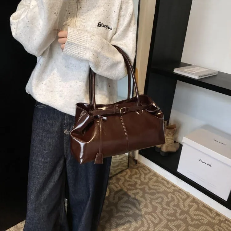 Burgundy PU Leather Work Tote Bag for Women Slouchy Shoulder Bag Wine Red Work Hobo Bag Handle Bag for Work